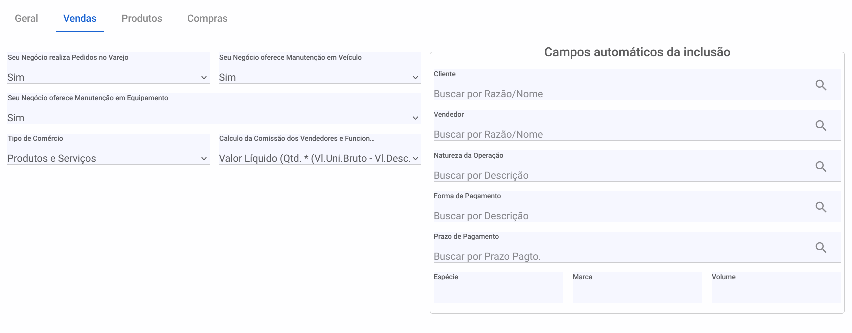 Configuração - Vendas