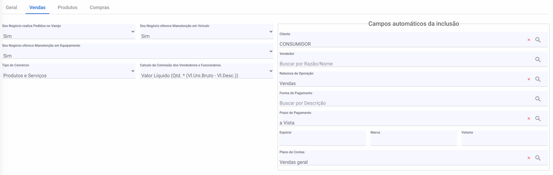 Configuração - Vendas